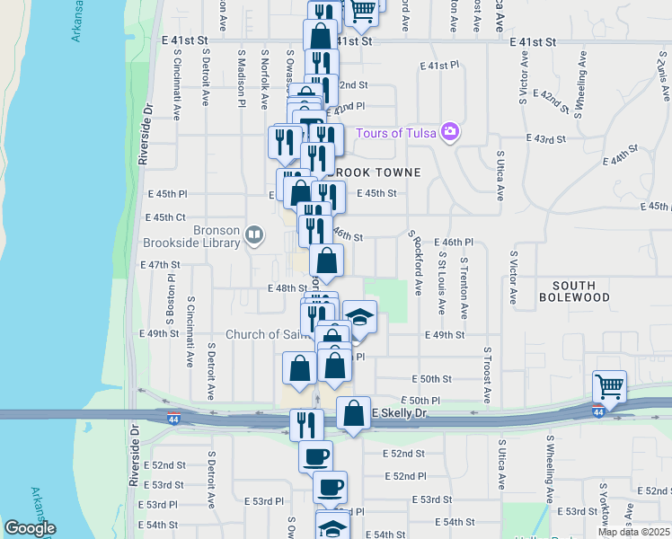 map of restaurants, bars, coffee shops, grocery stores, and more near 4620 South Quaker Avenue in Tulsa