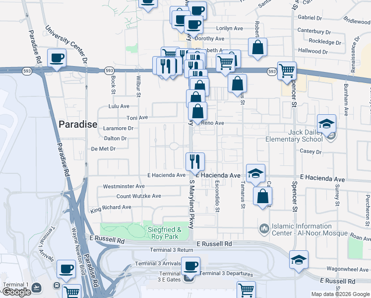 map of restaurants, bars, coffee shops, grocery stores, and more near 5188 Garden Lane in Las Vegas