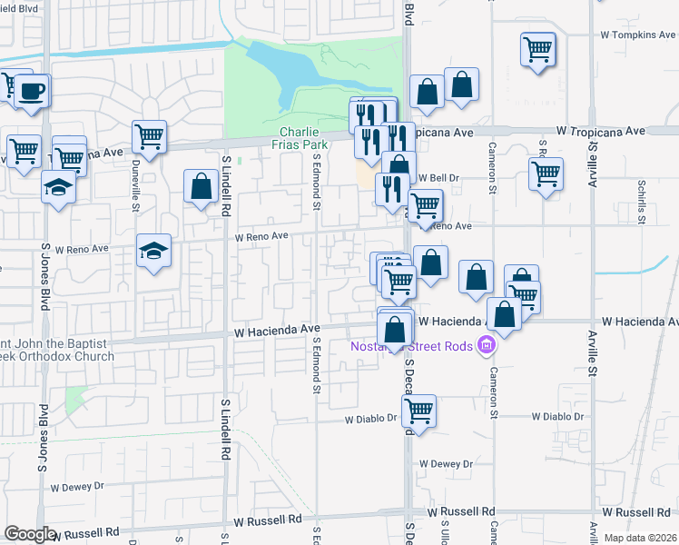 map of restaurants, bars, coffee shops, grocery stores, and more near 5125 West Reno Avenue in Las Vegas