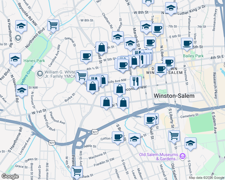 map of restaurants, bars, coffee shops, grocery stores, and more near 648 Holly Avenue Northwest in Winston-Salem