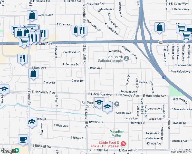 map of restaurants, bars, coffee shops, grocery stores, and more near 3846 Valley Meadow Drive in Las Vegas