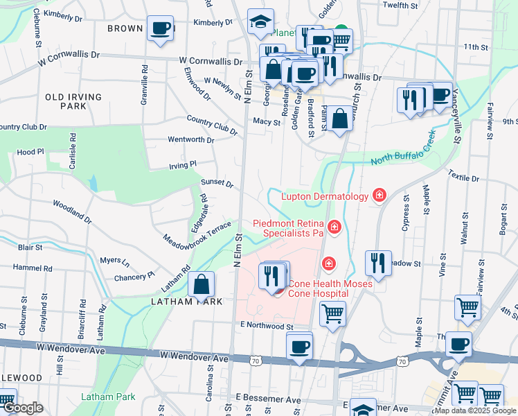 map of restaurants, bars, coffee shops, grocery stores, and more near 1800 North Elm Street in Greensboro