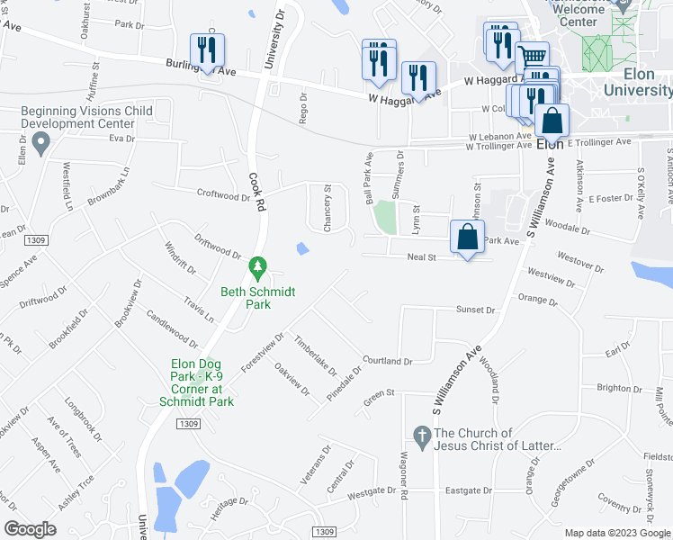 map of restaurants, bars, coffee shops, grocery stores, and more near 311 Forestview Drive in Elon