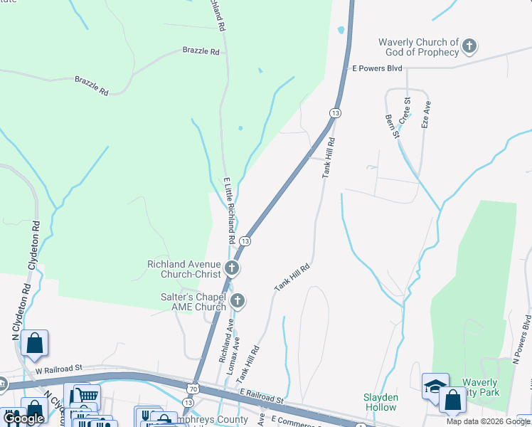 map of restaurants, bars, coffee shops, grocery stores, and more near Tennessee 13 in Waverly