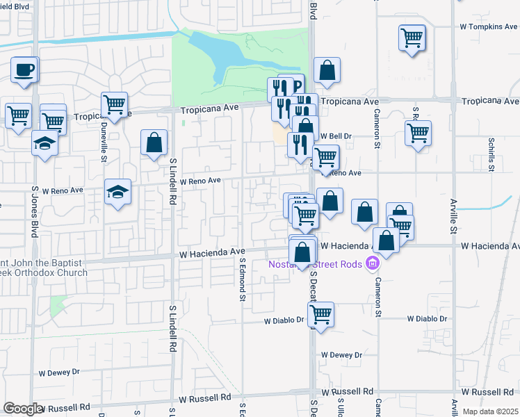 map of restaurants, bars, coffee shops, grocery stores, and more near 5125 West Reno Avenue in Las Vegas
