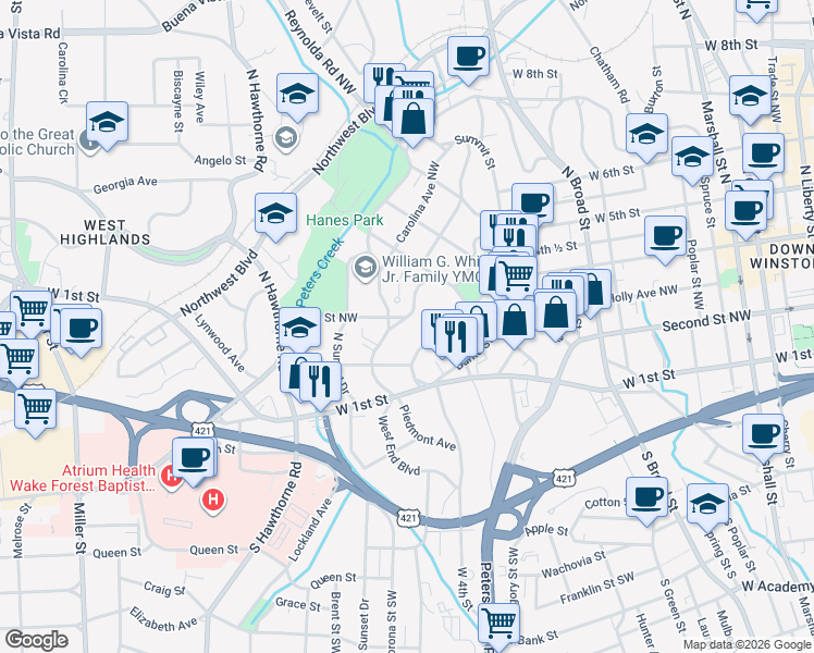 map of restaurants, bars, coffee shops, grocery stores, and more near 1220 Glade Street Northwest in Winston-Salem