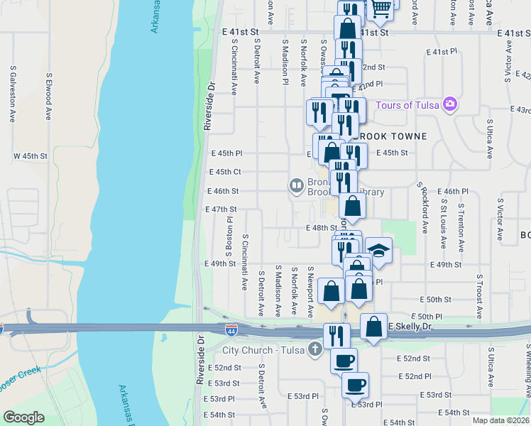 map of restaurants, bars, coffee shops, grocery stores, and more near 4633 South Detroit Avenue in Tulsa