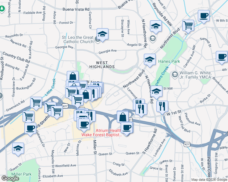map of restaurants, bars, coffee shops, grocery stores, and more near 1621 West Northwest Boulevard in Winston-Salem