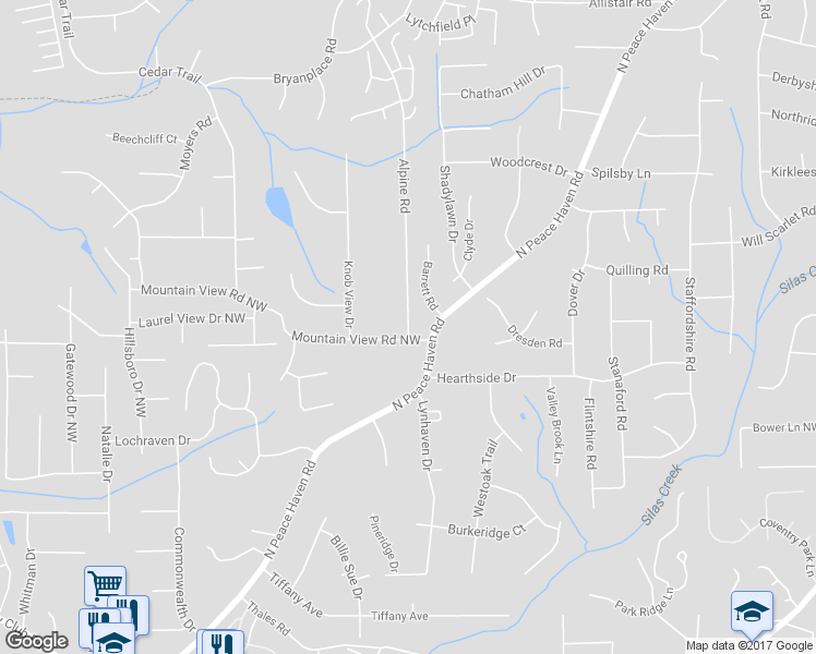 map of restaurants, bars, coffee shops, grocery stores, and more near 507 Alpine Road in Winston-Salem