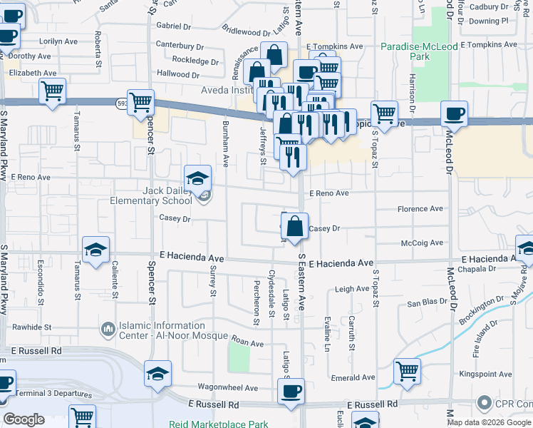 map of restaurants, bars, coffee shops, grocery stores, and more near 2338 Florence Avenue in Las Vegas
