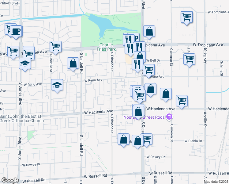 map of restaurants, bars, coffee shops, grocery stores, and more near 5125 West Reno Avenue in Las Vegas