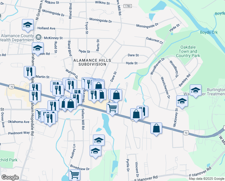 map of restaurants, bars, coffee shops, grocery stores, and more near 303 Dare Street in Burlington
