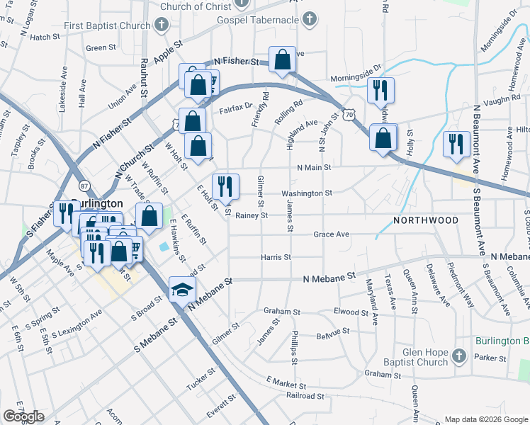 map of restaurants, bars, coffee shops, grocery stores, and more near 811 Washington Street in Burlington