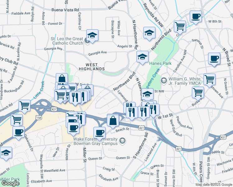 map of restaurants, bars, coffee shops, grocery stores, and more near 1722 Lynwood Avenue in Winston-Salem