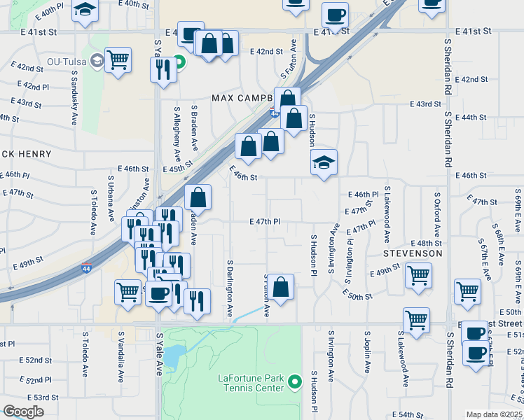 map of restaurants, bars, coffee shops, grocery stores, and more near 4642 South Fulton Avenue in Tulsa