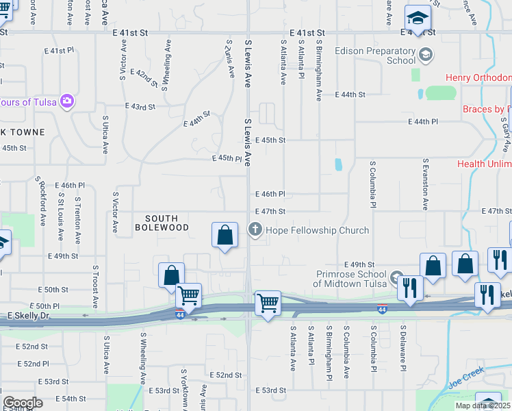 map of restaurants, bars, coffee shops, grocery stores, and more near in Tulsa