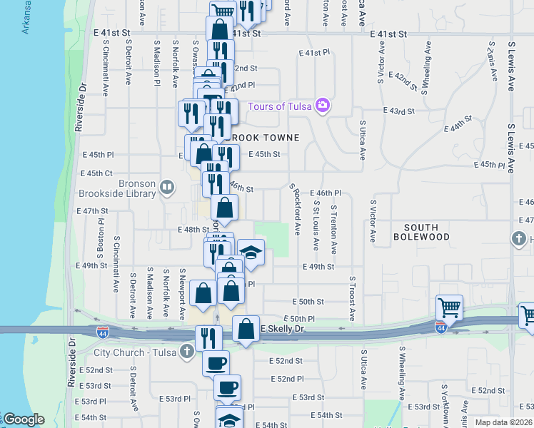 map of restaurants, bars, coffee shops, grocery stores, and more near 4622 South Quincy Avenue in Tulsa