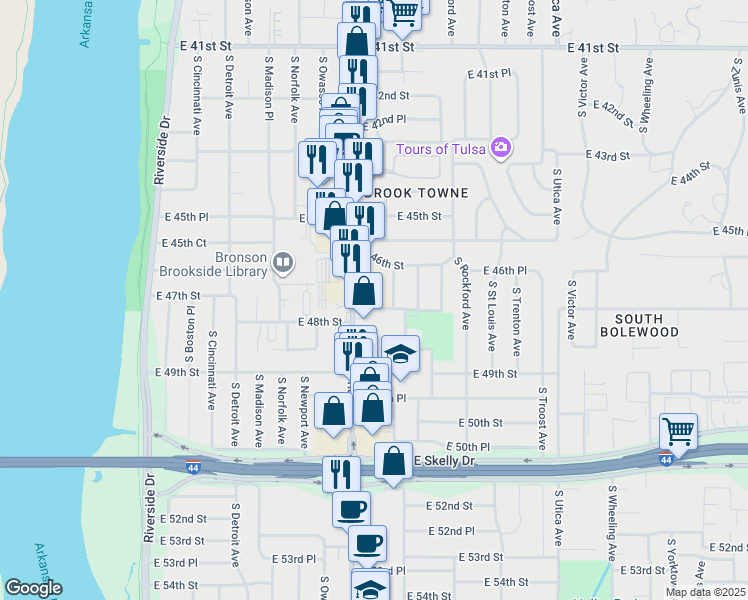 map of restaurants, bars, coffee shops, grocery stores, and more near 4620 South Quaker Avenue in Tulsa
