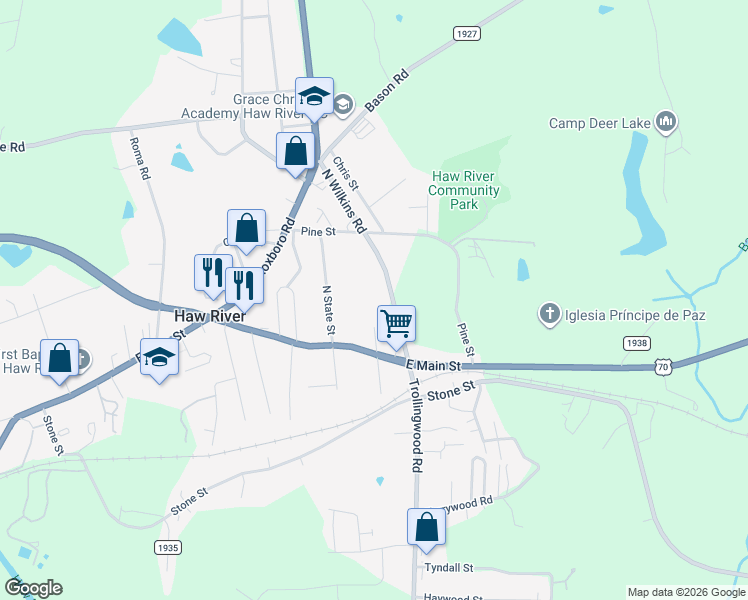 map of restaurants, bars, coffee shops, grocery stores, and more near 181 North Wilkins Road in Haw River