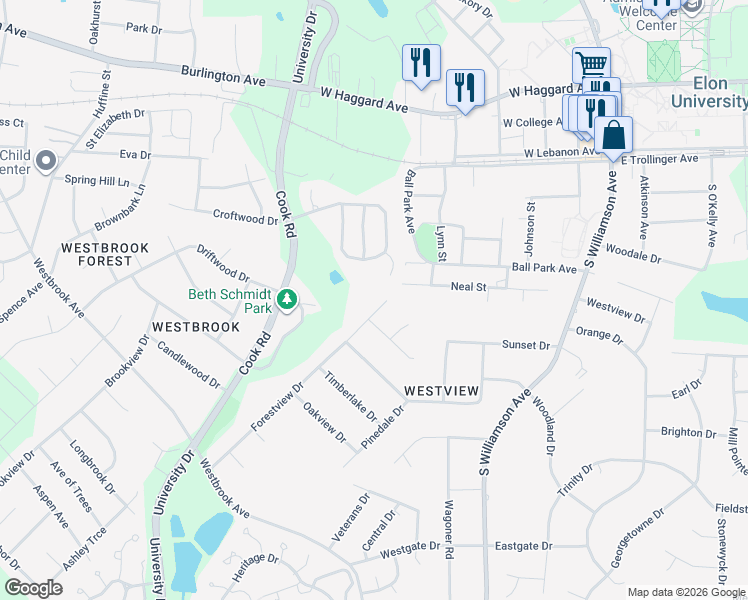 map of restaurants, bars, coffee shops, grocery stores, and more near 315 Forestview Drive in Elon