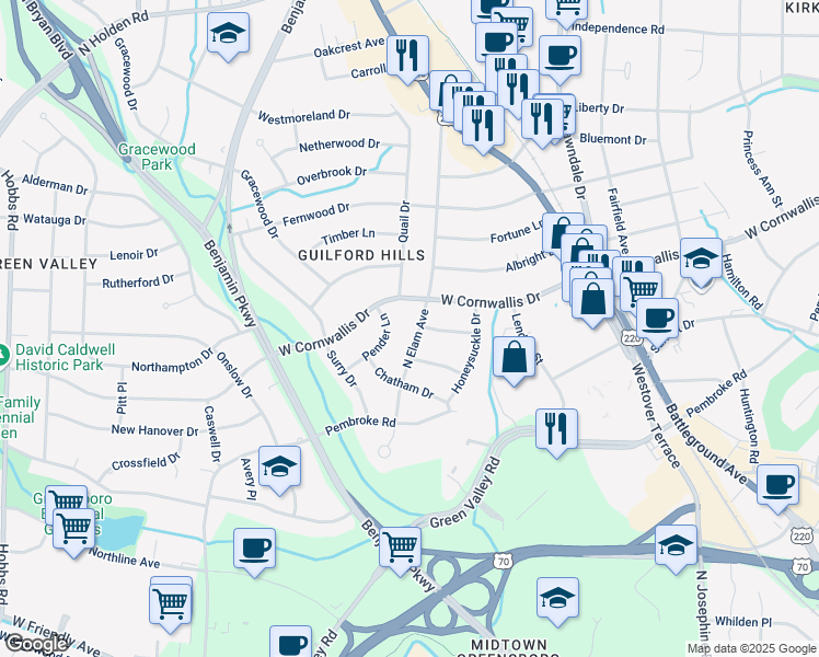 map of restaurants, bars, coffee shops, grocery stores, and more near 1116 Pender Lane in Greensboro