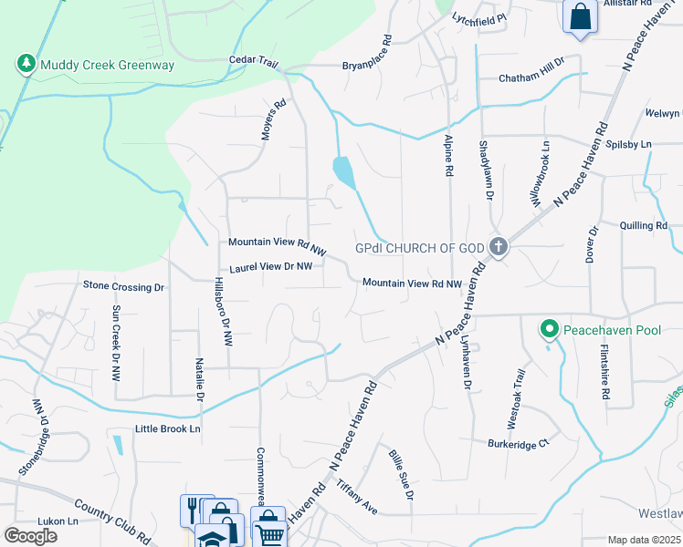 map of restaurants, bars, coffee shops, grocery stores, and more near 5080 Mountain View Road Northwest in Winston-Salem