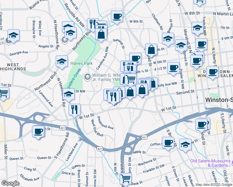 map of restaurants, bars, coffee shops, grocery stores, and more near 1013 Glade Street Northwest in Winston-Salem