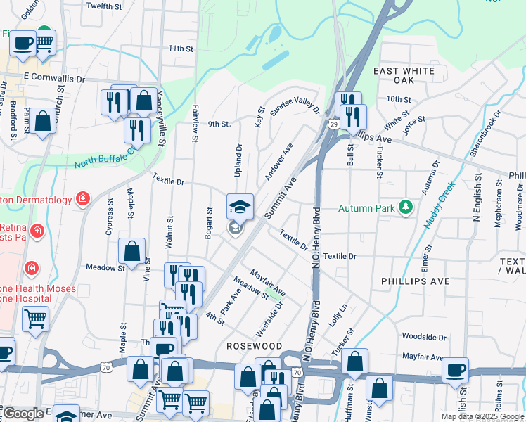 map of restaurants, bars, coffee shops, grocery stores, and more near 1503 Summit Avenue in Greensboro