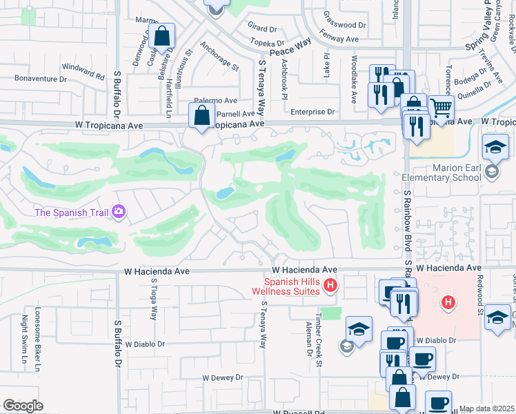 map of restaurants, bars, coffee shops, grocery stores, and more near 24 Burning Tree Court in Las Vegas