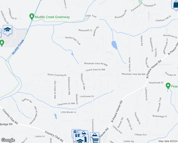 map of restaurants, bars, coffee shops, grocery stores, and more near 5166 Laurel View Drive Northwest in Winston-Salem