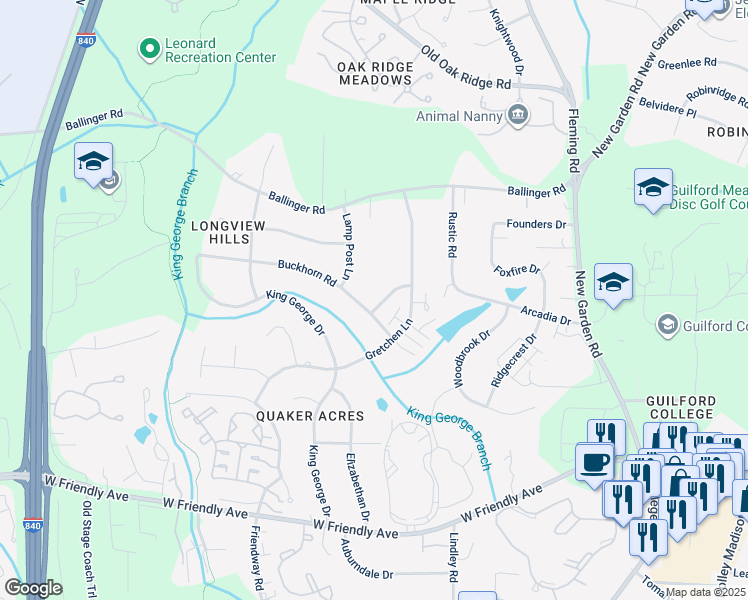 map of restaurants, bars, coffee shops, grocery stores, and more near 6106 Arcadia Drive in Greensboro