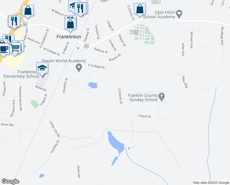 map of restaurants, bars, coffee shops, grocery stores, and more near 455 South Chavis Street in Franklinton