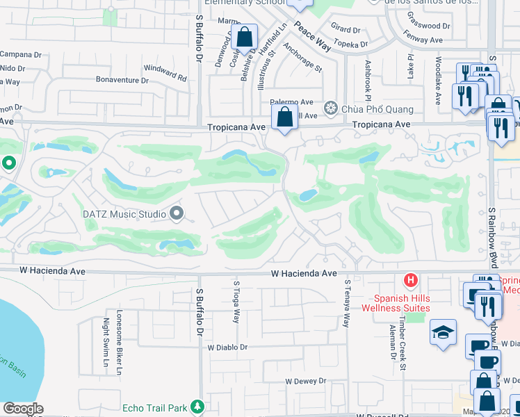 map of restaurants, bars, coffee shops, grocery stores, and more near 7625 Spanish Bay Drive in Las Vegas