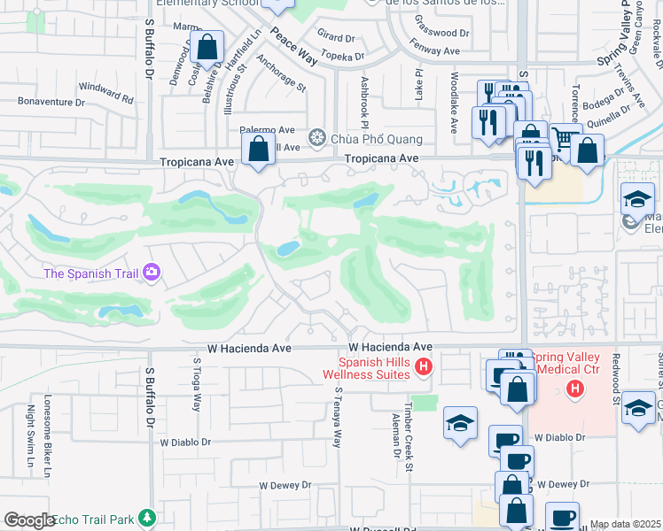 map of restaurants, bars, coffee shops, grocery stores, and more near 24 Burning Tree Court in Las Vegas