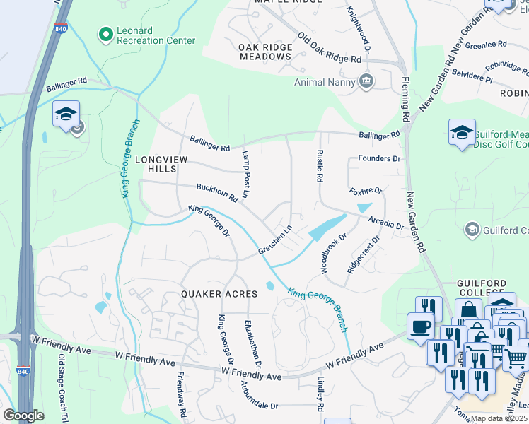 map of restaurants, bars, coffee shops, grocery stores, and more near 6106 Arcadia Drive in Greensboro