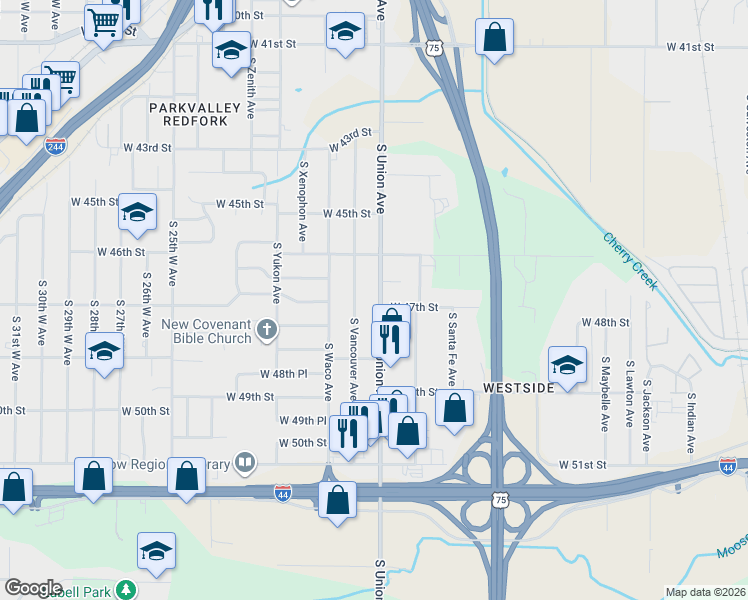 map of restaurants, bars, coffee shops, grocery stores, and more near 4634 South Union Avenue in Tulsa