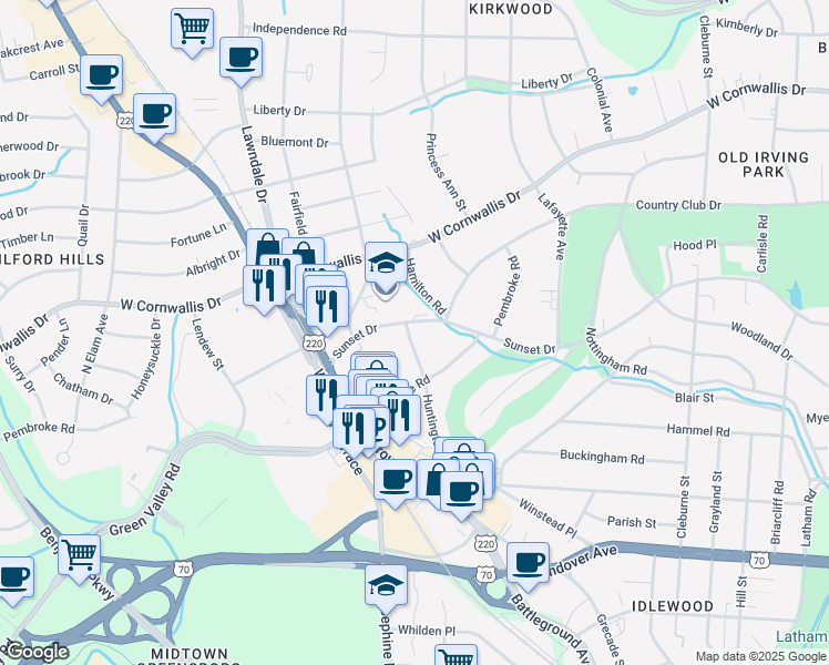 map of restaurants, bars, coffee shops, grocery stores, and more near 1205 Sunset Drive in Greensboro