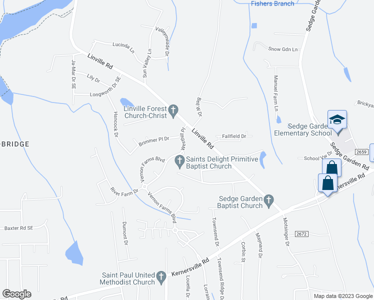 map of restaurants, bars, coffee shops, grocery stores, and more near 4520 Westhill Place Southeast in Kernersville