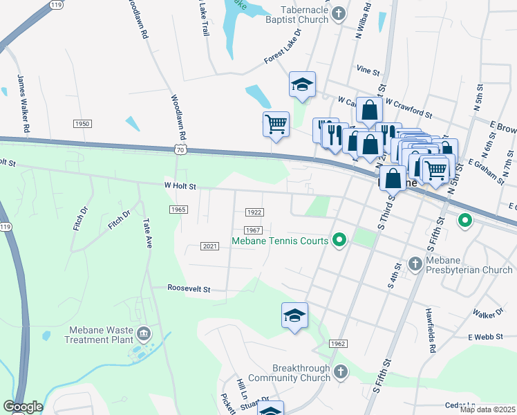 map of restaurants, bars, coffee shops, grocery stores, and more near 106 Cleveland Street in Mebane
