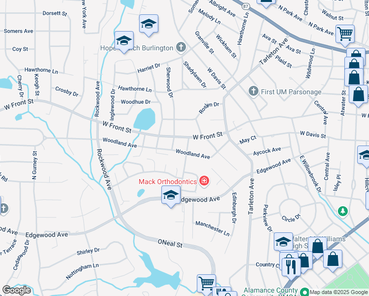 map of restaurants, bars, coffee shops, grocery stores, and more near 1703 Woodland Avenue in Burlington