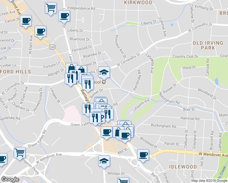 map of restaurants, bars, coffee shops, grocery stores, and more near 1205 Sunset Drive in Greensboro