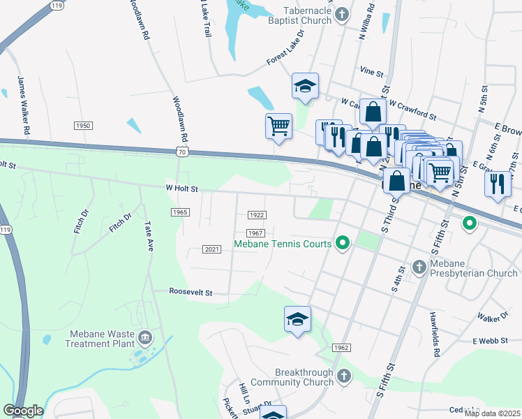 map of restaurants, bars, coffee shops, grocery stores, and more near 106 Cleveland Street in Mebane