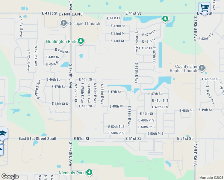map of restaurants, bars, coffee shops, grocery stores, and more near 18209 East 47th Street in Tulsa