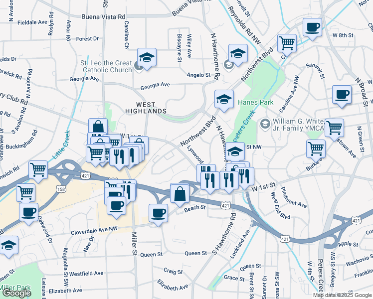 map of restaurants, bars, coffee shops, grocery stores, and more near 1714 Lynwood Avenue in Winston-Salem