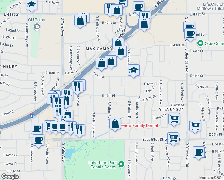 map of restaurants, bars, coffee shops, grocery stores, and more near 5537 East 47th Place in Tulsa