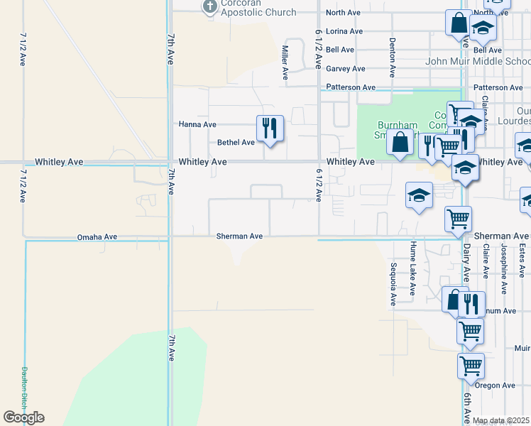 map of restaurants, bars, coffee shops, grocery stores, and more near Olympic Avenue in Corcoran