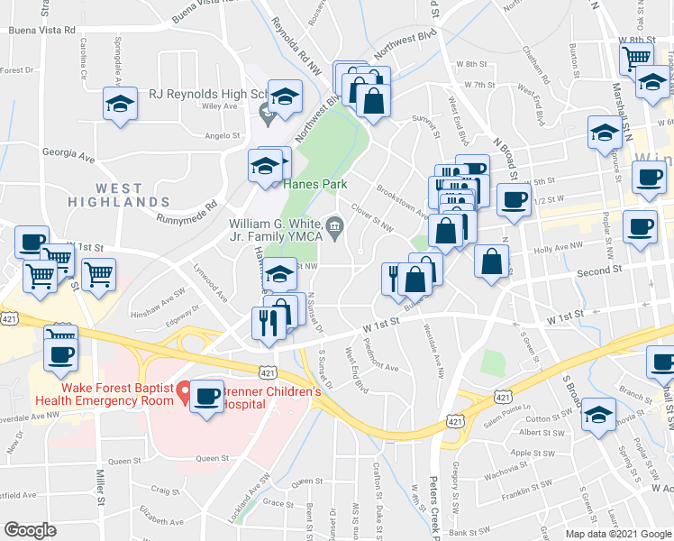 map of restaurants, bars, coffee shops, grocery stores, and more near 1318 Glade Street Northwest in Winston-Salem