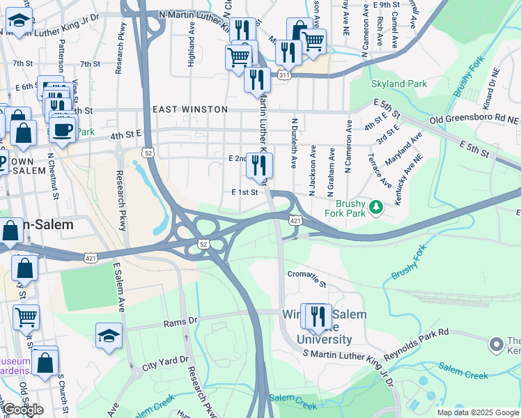 map of restaurants, bars, coffee shops, grocery stores, and more near 1326 C E Gray Drive in Winston-Salem