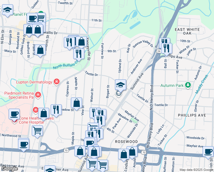 map of restaurants, bars, coffee shops, grocery stores, and more near 1413 Bogart Street in Greensboro