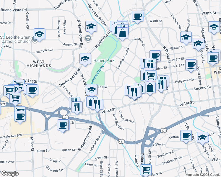 map of restaurants, bars, coffee shops, grocery stores, and more near 1306 Glade Street Northwest in Winston-Salem